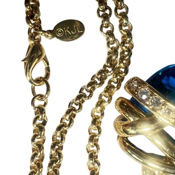 Kenneth Jay Lane KJL Signed Blue Crystal Pendant Necklace Gold-Tone Rhinestones - Picture 6 of 16